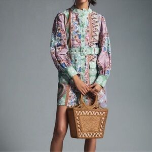 Anthropologie Kachel Lauren Printed Button Front Belted Mini Dress XS